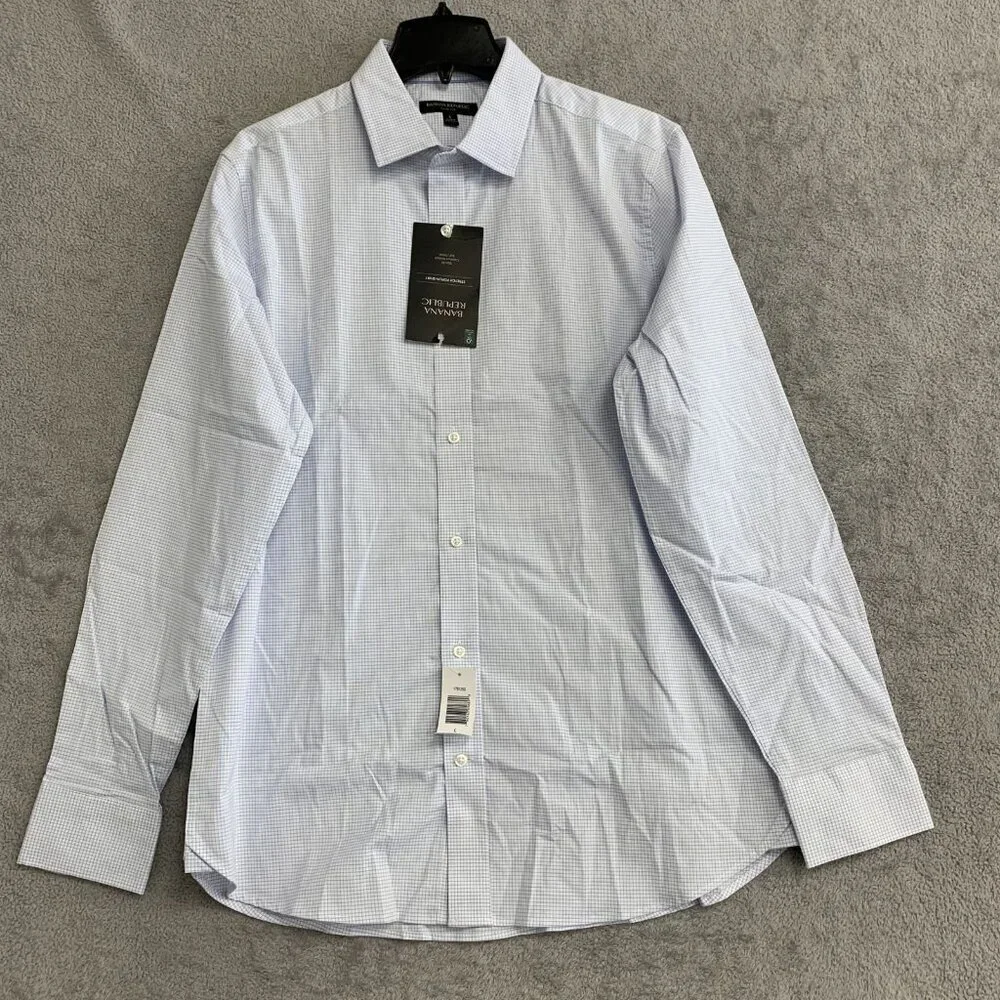 Banana Republic Men's L Slim Fit Stretch Poplin Shirt Blue Checkered  G1859